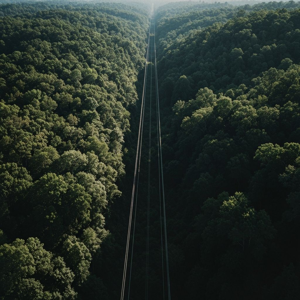 Power line corridor through forest landscape